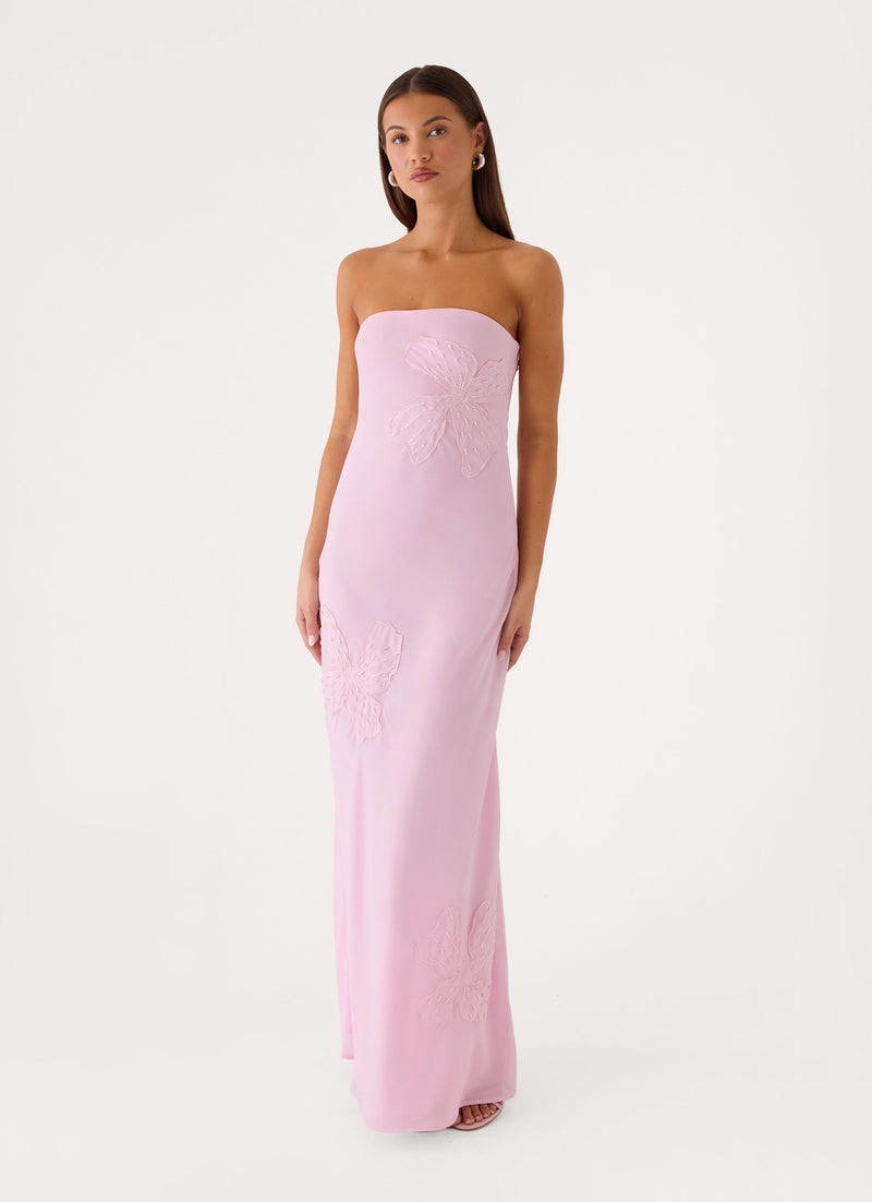 Sassafras Beaded Flower Strapless Maxi Dress - Soft Pink