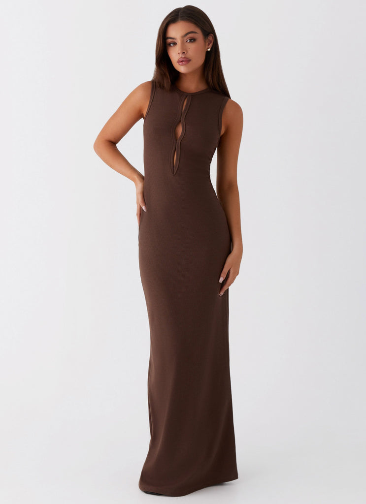 Womens Shay Cut Out Maxi Dress in the colour Chocolate in front of a light grey background