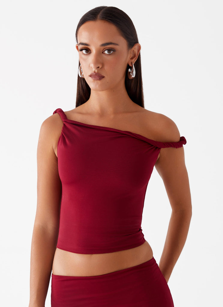 Solace Soul Twist Shoulder Top - Maroon