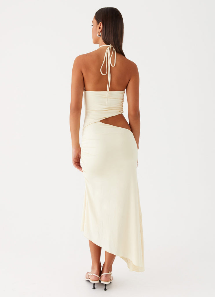 Womens Tasha Maxi Dress in the colour Lemon in front of a light grey background