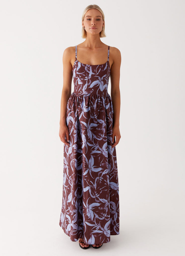 Womens Tesoro Maxi Dress in the colour Brown Purple Floral in front of a light grey background