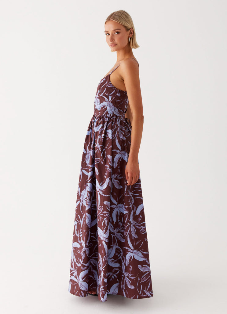 Womens Tesoro Maxi Dress in the colour Brown Purple Floral in front of a light grey background