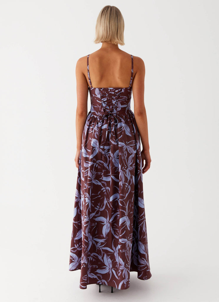 Womens Tesoro Maxi Dress in the colour Brown Purple Floral in front of a light grey background