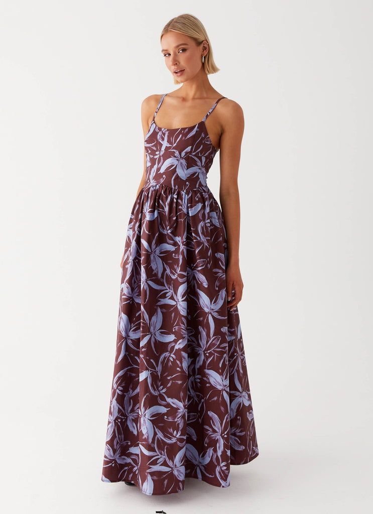 Womens Tesoro Maxi Dress in the colour Brown Purple Floral in front of a light grey background