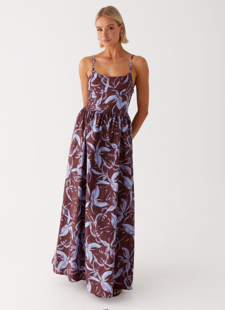 Womens Tesoro Maxi Dress in the colour Brown Purple Floral in front of a light grey background