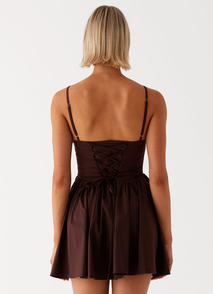 Womens Tesoro Mio Mini Dress in the colour Chocolate in front of a light grey background