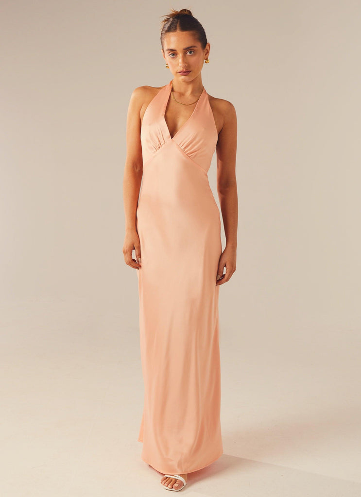 Heavy Hearted Satin Maxi Dress - Peach - Peppermayo