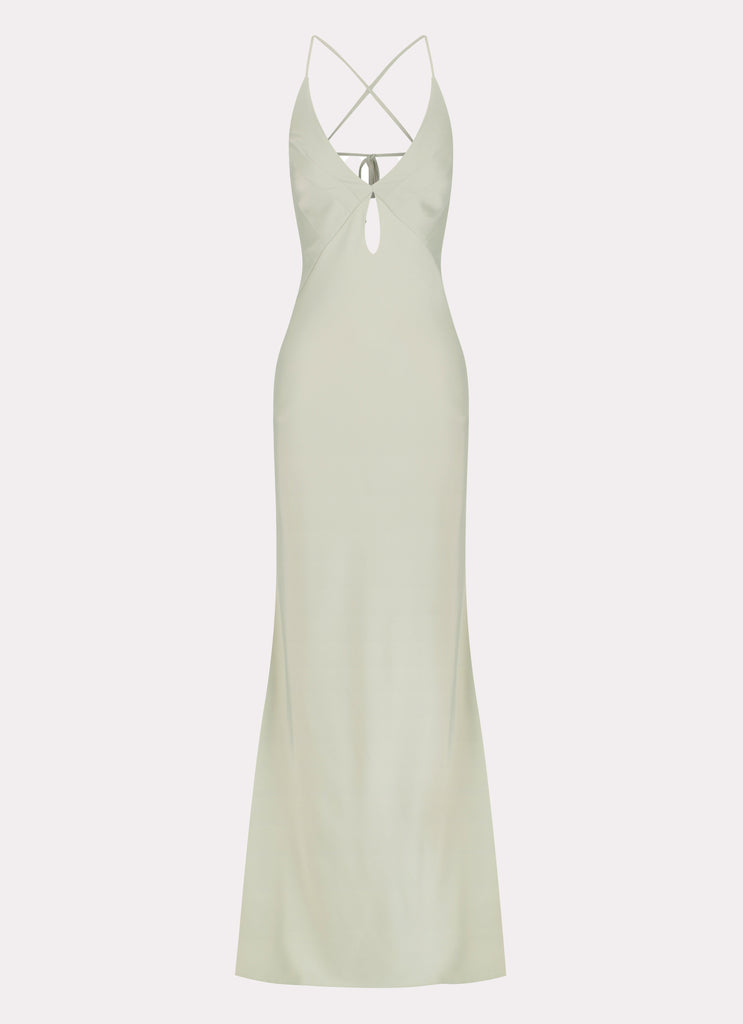 Womens Vesper Keyhole Maxi Dress in the colour Sage in front of a light grey background