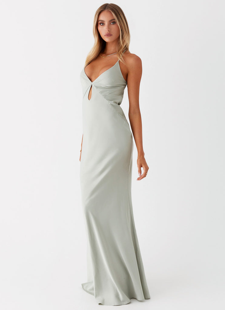 Womens Vesper Keyhole Maxi Dress in the colour Sage in front of a light grey background