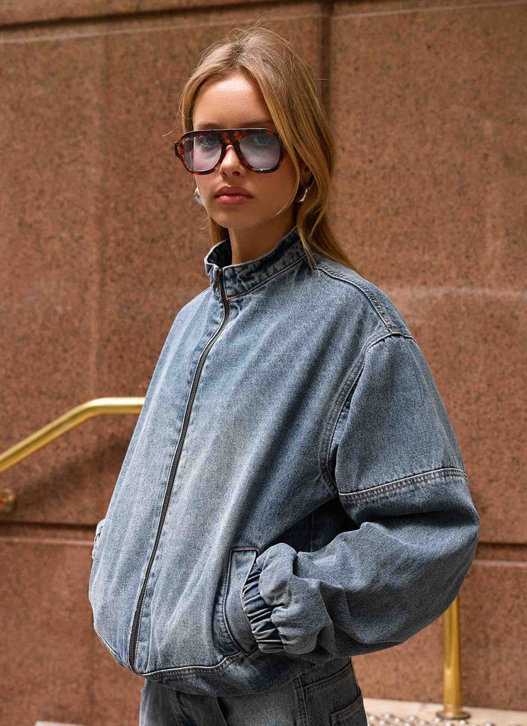 Waylon Denim Bomber Jacket - Mid Wash Blue