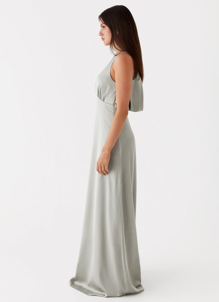 Womens Winnie Cowl Back Maxi Dress in the colour Sage in front of a light grey background