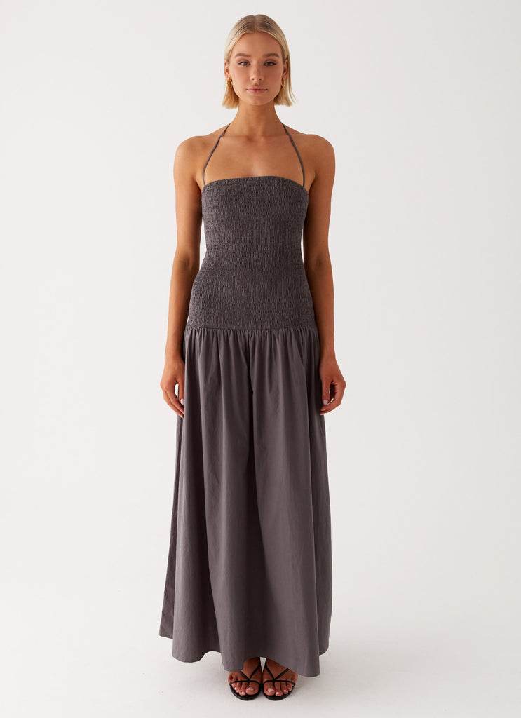 Womens Zahra Maxi Dress in the colour Charcoal in front of a light grey background