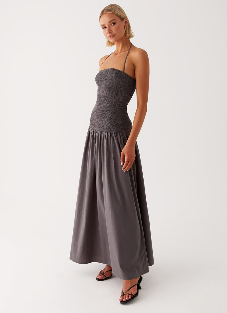 Womens Zahra Maxi Dress in the colour Charcoal in front of a light grey background