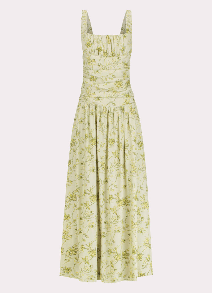 Womens Zinna Linen Maxi Dress in the colour Sage Floral in front of a light grey background