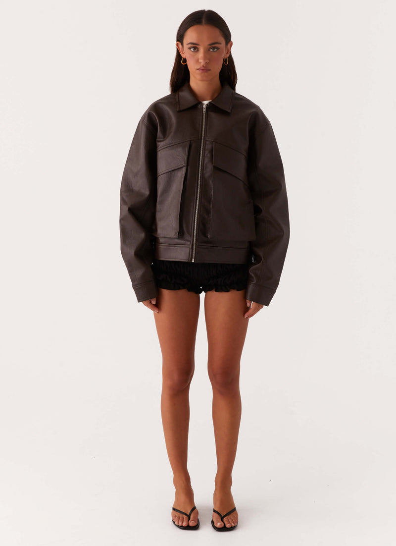 Lula Faux Leather Bomber Jacket Chocolate 1jpg